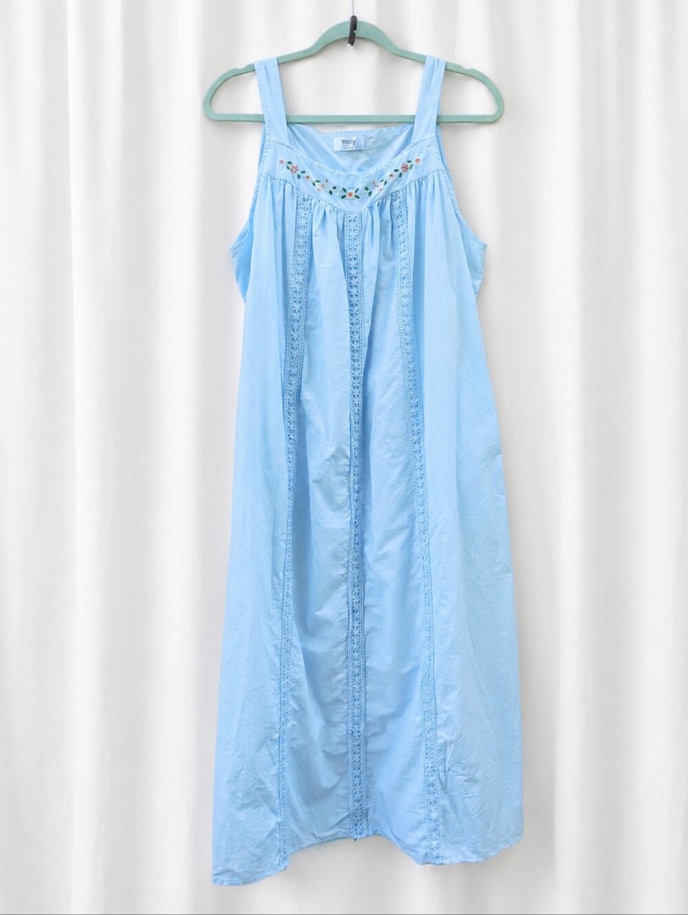 Yozly Nightgown XL Light Blue Floral Embroidered Cotton Sleeveless Cottagecore
